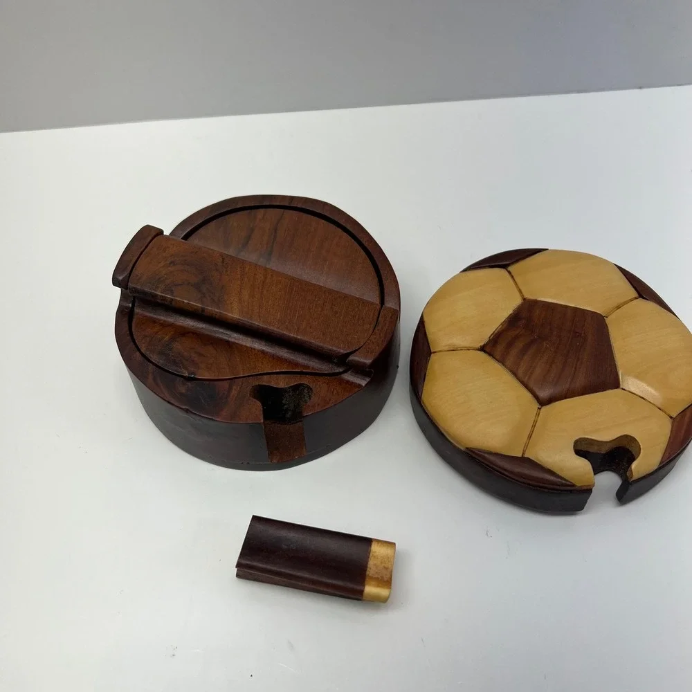 Wooden‎ Soccer Ball Flower Puzzle Box Trinket Storage Container Unique Gift